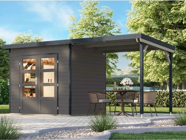 Karibu Gartenhaus Plutus als Schuppen mit Anbaudach in Grau mit 28 mm Wandstärke - Bild 1