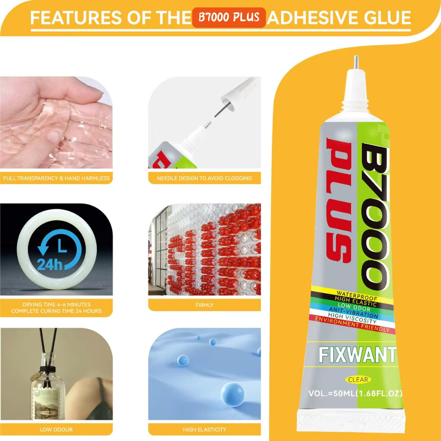 FIXWANT B7000 Plus Handy-Bildschirm-Reparaturkleber, universeller Glas-Kunststoff-DIY-Kleber in Transparent mit Präzisionsapplikator - Bild 2