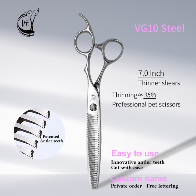 Crane Professional 7,0 Zoll Effilierschere für die Hundepflege mit Antler Teeth in Silber - Bild 1