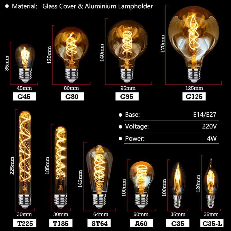 Retro LED Spiral Filament Glühbirne E14 E27 Warmweiß Transparent 4W 220V Vintage Edison Lampe - Bild 2