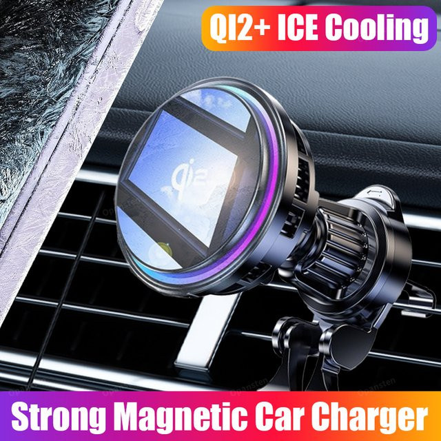 VIKEFON QI2 Magnetisches Drahtloses Autoladegerät mit Eiskühlung und RGB-Beleuchtung, Schnellladekühler für MagSafe iPhone 12-16, Schwarz - Bild 1