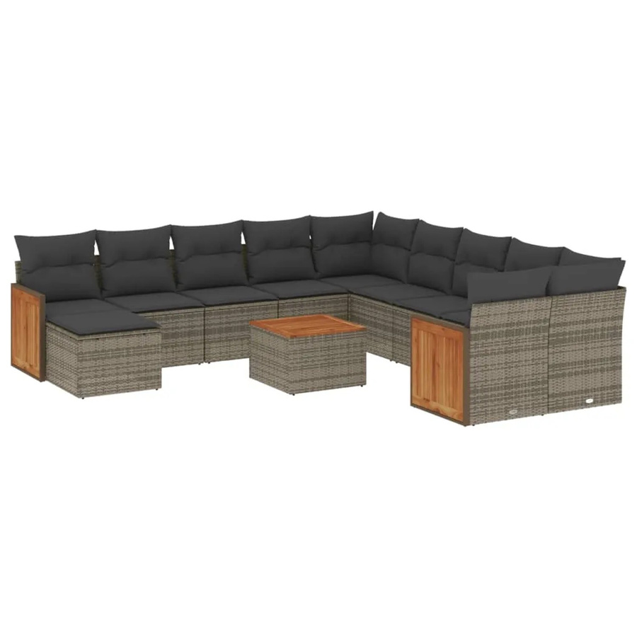 vidaXL 12-tlg. Garten-Sofagarnitur in L-Form aus Polyrattan und Akazienholz mit Kissen in Grau - Bild 2