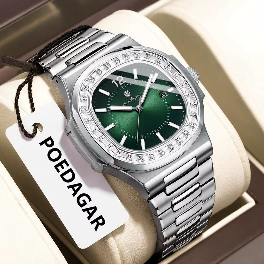 POEDAGAR Armbanduhr, Quarz, Edelstahl, Eckig, Silber Green, Herren - Bild 2