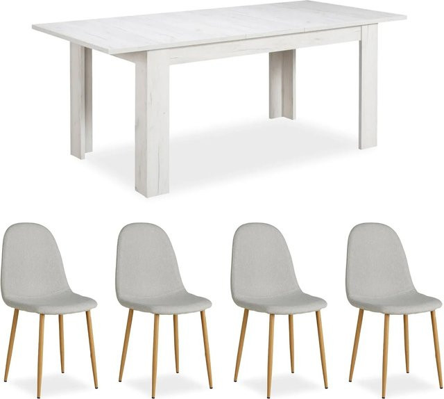 Homestyle4u Essgruppe im skandinavischen Design mit ausziehbarer rechteckiger Tafel und 4 Polsterstühlen in Grau und Weiß - Bild 1