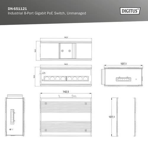 Digitus Industrial Unmanaged Ethernet Switch mit 8 x 10/100/1000Base-TX Ports und PoE+ zur Desktop- oder DIN-Schiene Montage DN-651121 - Bild 1