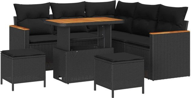 vidaXL Gartensofa-Set in L-Form mit 8 Kissen und Couchtisch, Schwarz, Poly-Rattan und Metall - Bild 1