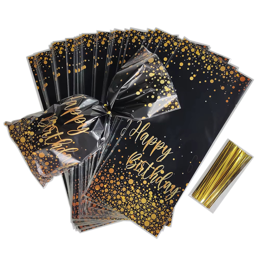50 Stück Geschenkbeutel Gold Schwarz mit Punktmuster für Geburtstag und Süßigkeiten aus Kunststoff - Bild 4