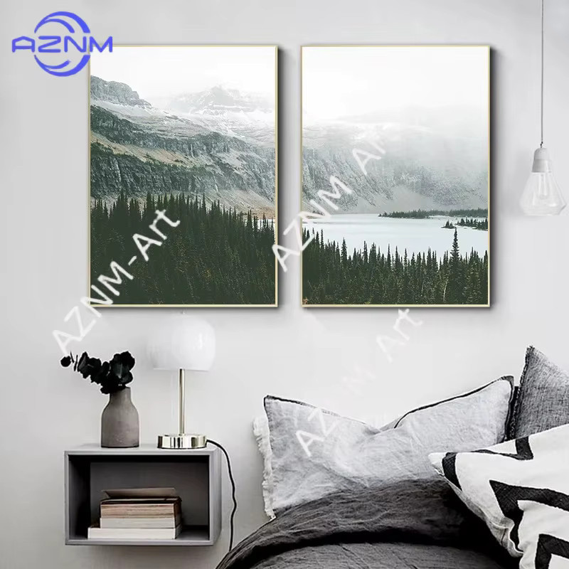 AZNM Modernes Nordisches Wandbild mit Wald- und Seelandschaft in Mehrfarbig, Rahmenloses Landschaftsbild für dein Wohnzimmer - Bild 2