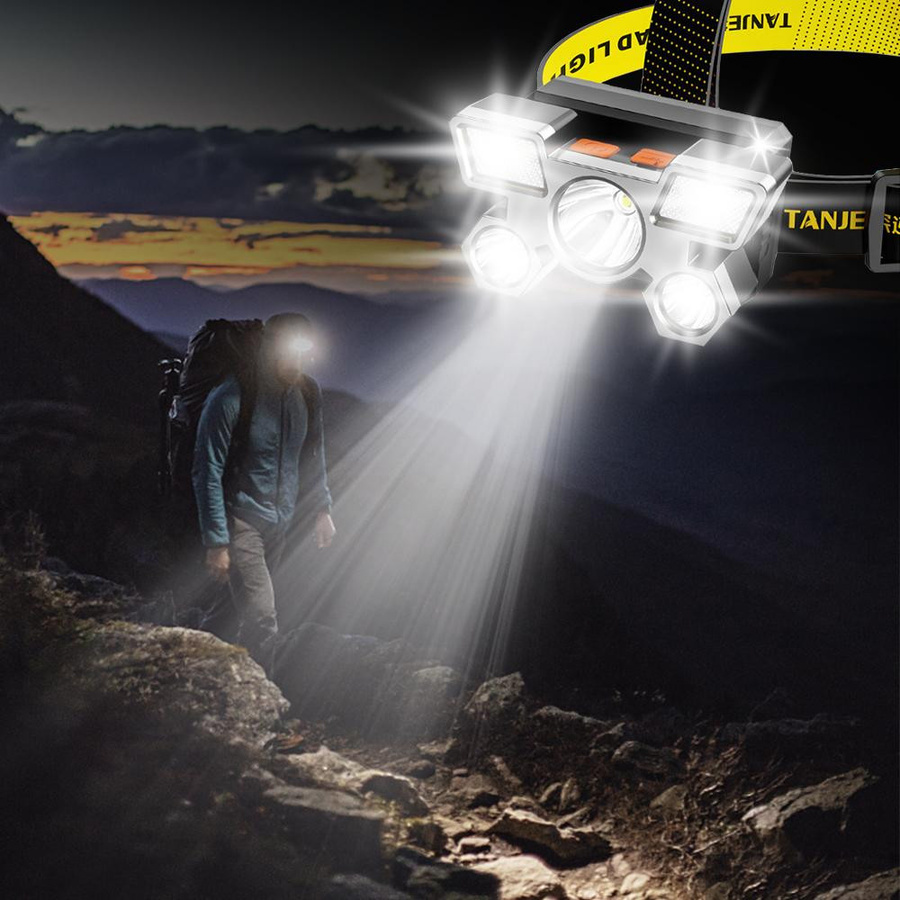 Ultrahelle Stirnlampe mit 5 LEDs und 4 Modi, USB wiederaufladbar und wasserdicht, Grau - Bild 2
