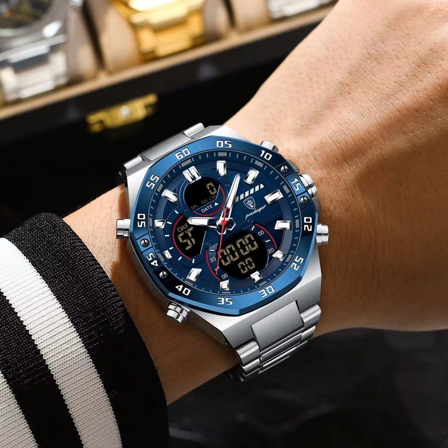 POEDAGAR Digitaluhr, Quarz, Edelstahl, Blau, Herren - Bild 5