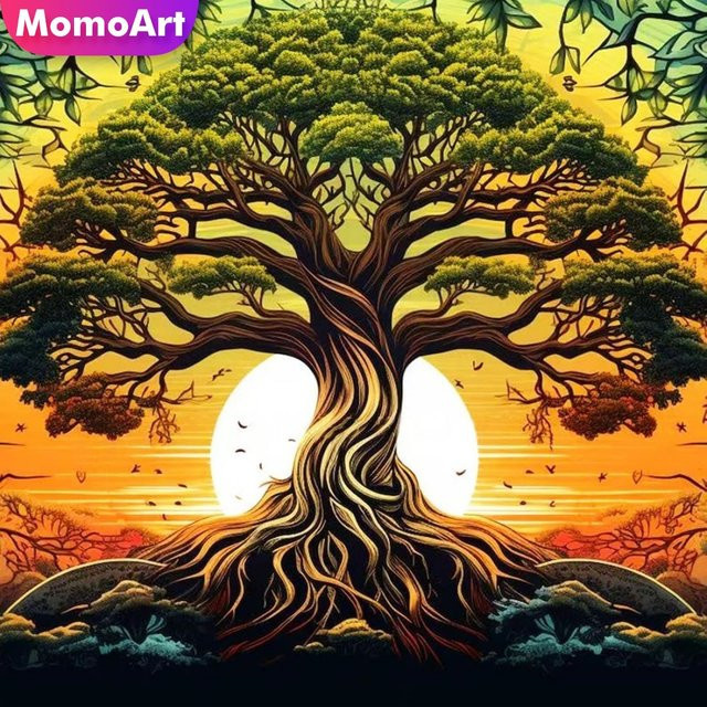 Momoart Diamant-Stickerei DIY Baum-Landschaftsgemälde mit Sonnenuntergang, rund, mehrfarbig - Bild 1