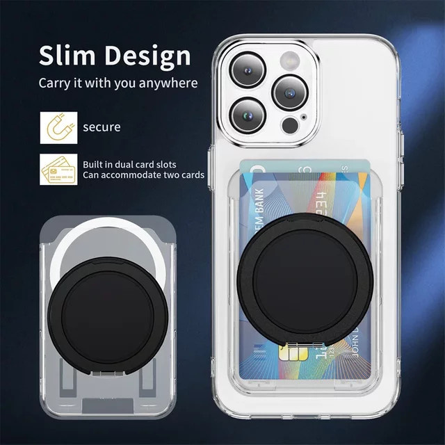 Clear Wallet 360 Grad drehbarer Magnetring-Klappständer mit MagSafe Kartenhalter für iPhone und Samsung in Transparent Blau - Bild 1