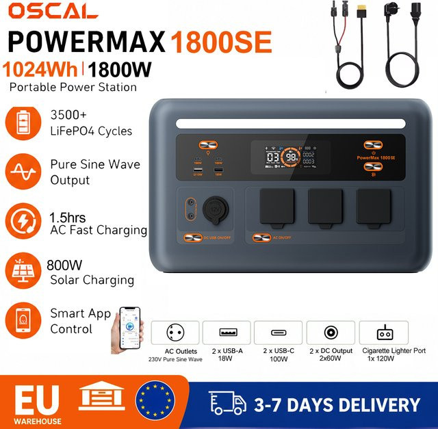 Oscal Powermax 1800SE Tragbare Powerstation mit 1024Wh Kapazität, 1800W Dauerleistung und 2400W Spitzenleistung, LiFePO4-Akku, Farbe: Grau - Bild 1