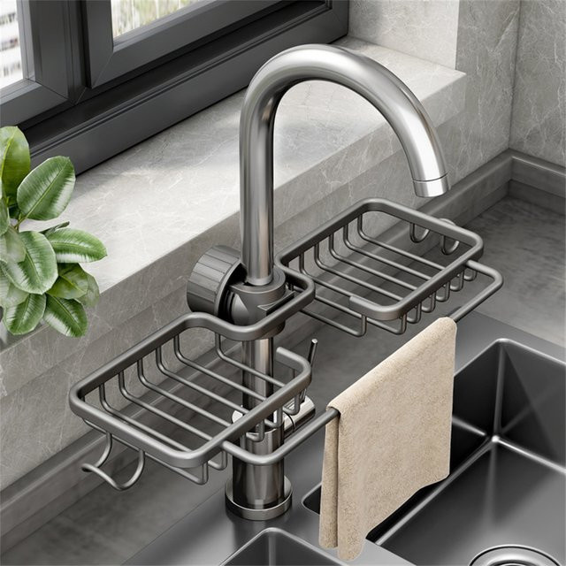 Küchen-Schwammhalter mit Zwei-Wege-Drainage und Stoff-Ablage in Silber aus Metall - Bild 1