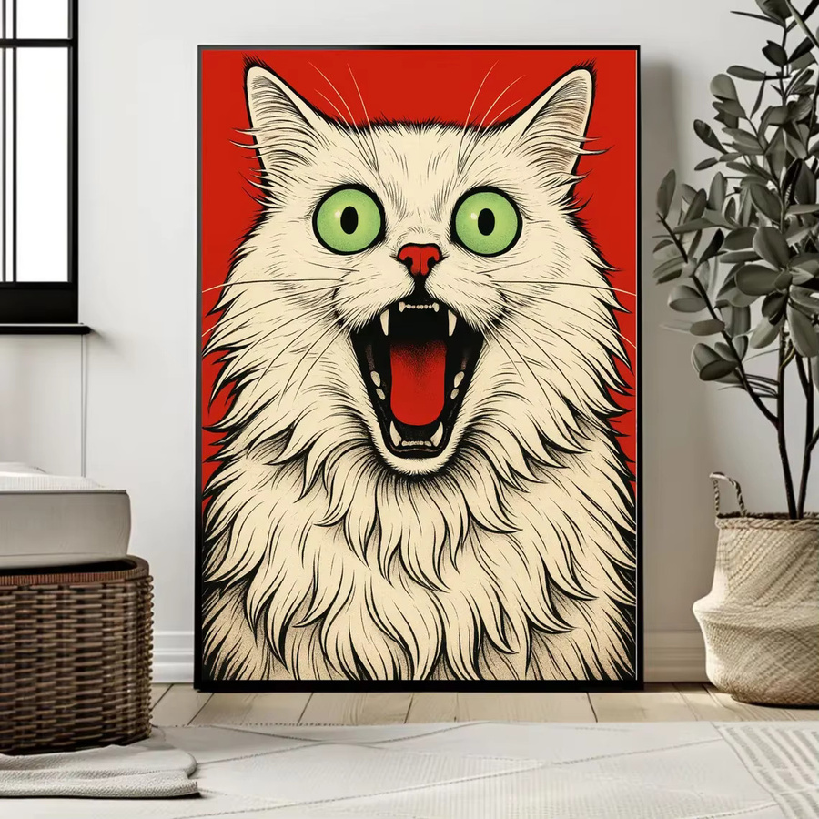 Pop-Art Kunstdruck von SHENCHEN mit schreiender weißer Katze auf rotem Hintergrund, rechteckige Wanddekoration im Boho-Stil aus Papier - Bild 2