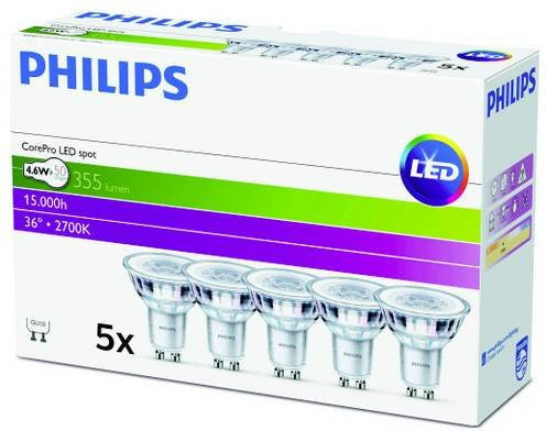 Philips LED Reflektor Glühlampe GU10 Warmweiß 4.6W 2700K 5er Pack Durchmesser: 50 mm, Länge: 54 mm - Bild 1