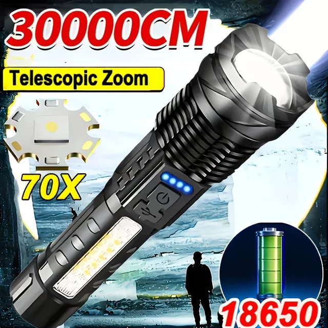 KDULIT Wiederaufladbare XHP70 LED-Taschenlampe mit COB-Seitenlicht und Zoom in Schwarz - Bild 1