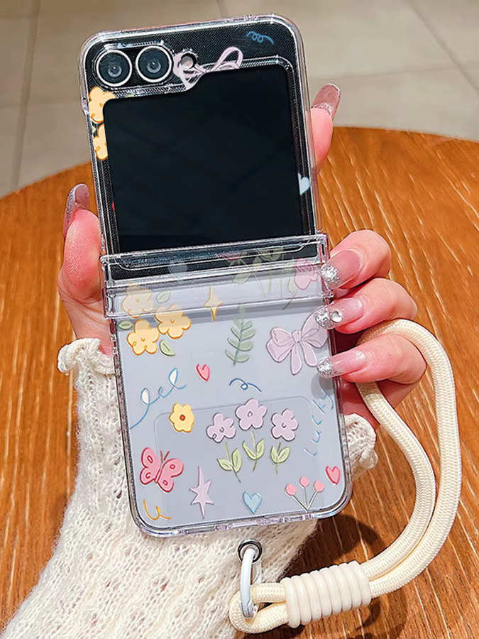 Transparente Handyhülle mit Handgelenkschlaufe und Blumenmuster für Samsung Galaxy Z Flip 7 FE, Flip6, Flip5, Flip4, Flip3 5G in Rosa - Bild 3