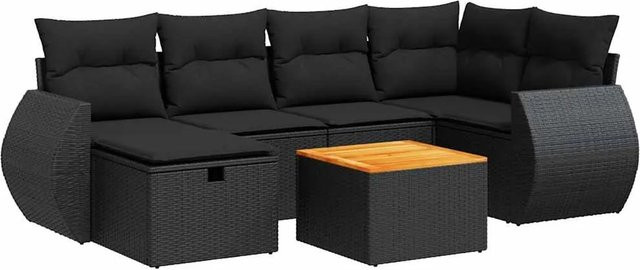 vidaXL 7-teilige Garten-Sitzgruppe in L-Form mit Kissen, Schwarz, Polyrattan und Akazienholz - Bild 1