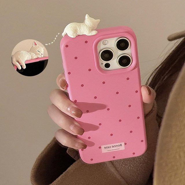 YULIN-003 Stoßfeste Handyhülle mit 3D-Katze und Polka-Dot Design für iPhone, Farbe: Pink - Bild 1