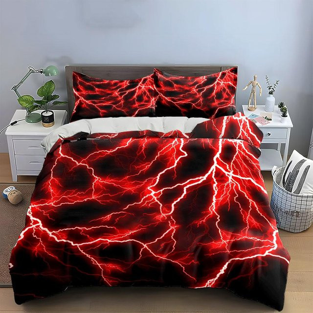 3-teiliges Bettwäsche-Set mit Blitz- und Donner-Muster in Rot, bestehend aus 1 Bettbezug und 2 Kissenbezügen aus Mikrofaser, B/H: 140 x 210 cm - Bild 1