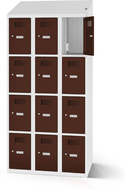 rotstahl Fächerschrank mit 12 Fächern und Ladefunktion in Mahagoni mit lichtgrauem Korpus, B: 120 cm, H: 200 cm - Bild 1