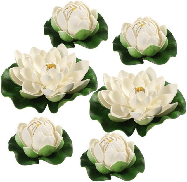 6er Set Künstliche Lotusblumen und Blätter in Weiß und Grün aus Kunststoff und Schaumstoff für Teich, Garten und Aquarium - Bild 1