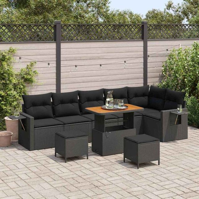 Vidaxl Garten-Sofa-Set aus Polyrattan und Akazie in Schwarz, 9-teiliges Loungemöbel-Set mit höhenverstellbaren Elementen - Bild 1