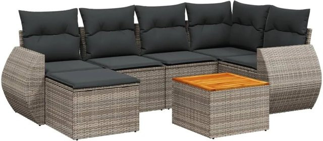 vidaXL 7-tlg. Garten-Sofagarnitur in L-Form aus Polyrattan mit Kissen in Grau - Bild 1
