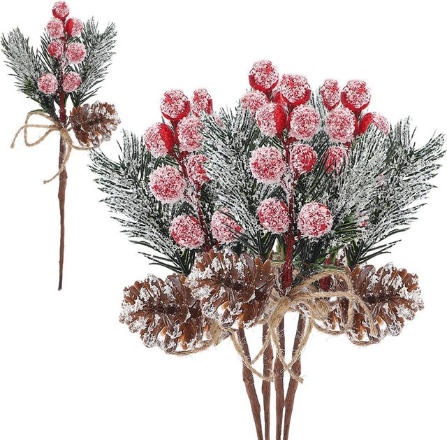 Tooarts Künstliche Weihnachtspicks Kieferndekor in Grün, Grau und Rot - Bild 1