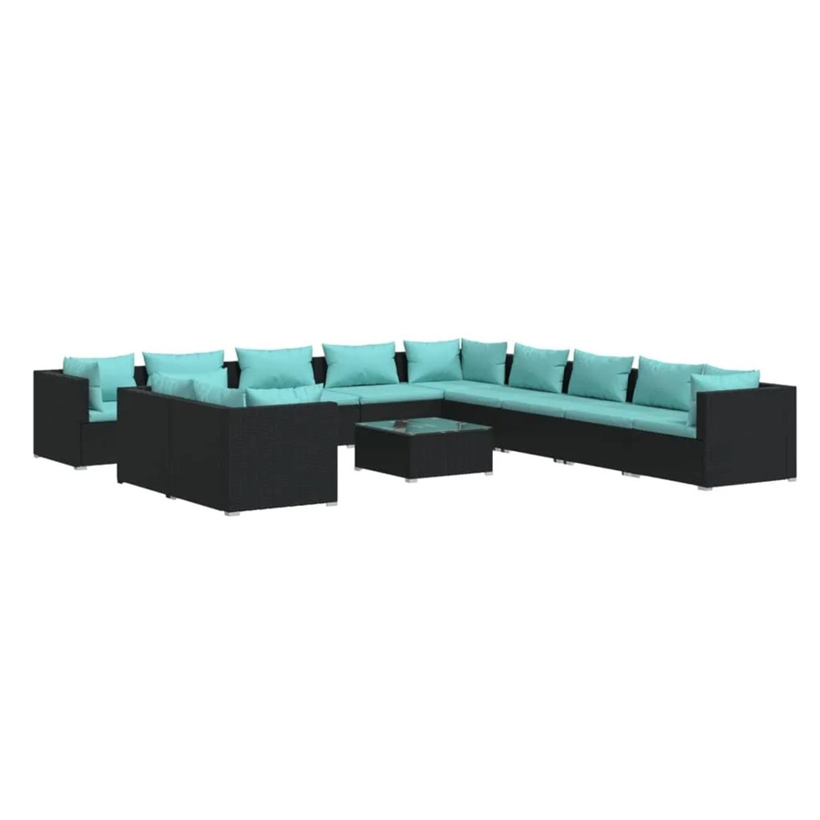 vidaXL 12-tlg. Garten-Lounge-Set in U-Form mit Kissen und Couchtisch, Schwarz und Blau, Poly-Rattan mit Metallgestell - Bild 2