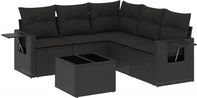vidaXL 6-teilige Garten-Sofagarnitur in L-Form aus schwarzem Poly-Rattan mit Kissen und pulverbeschichtetem Stahlgestell - Bild 1