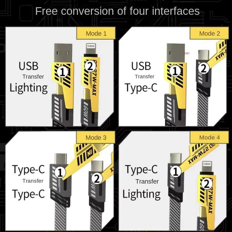 Multifunktionales 4-in-1 USB-C Schnellladekabel mit PD 27W und 65W Power Delivery in Schwarz - Bild 2