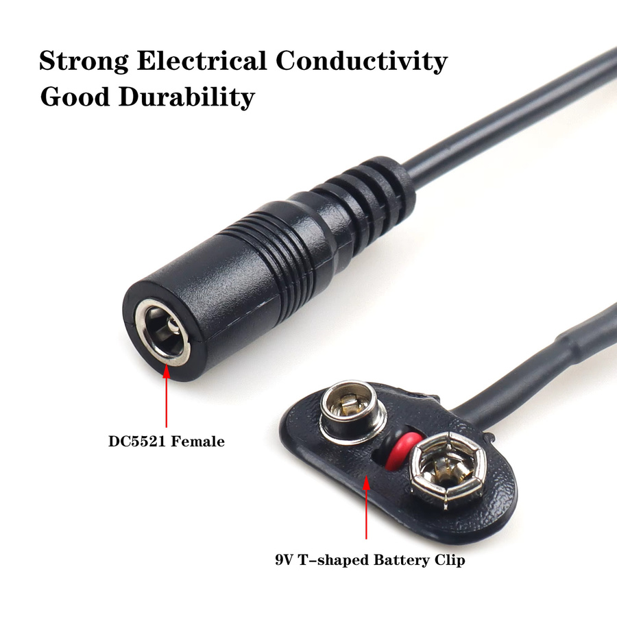 LANO 9V Batterieclip mit DC 5,5 x 2,1 mm Buchse und T-Typ Schnappverschluss Stromkabel in Schwarz - Bild 2