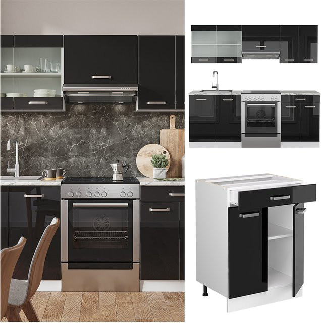 Vicco R-Line Küchenzeile modern in Weiß und Schwarz mit Hochglanz-Finish, Breite: 200 cm - Bild 1