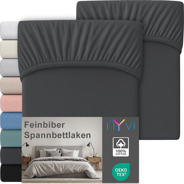 NYVI Feinbiber Spannbettlaken Deluxe 2er Set aus 100% Baumwolle, Anthrazit, B/T: 90 x 200 cm, für Matratzen bis 25 cm Steghöhe, bügelfrei und vorgekrumpft - Bild 1
