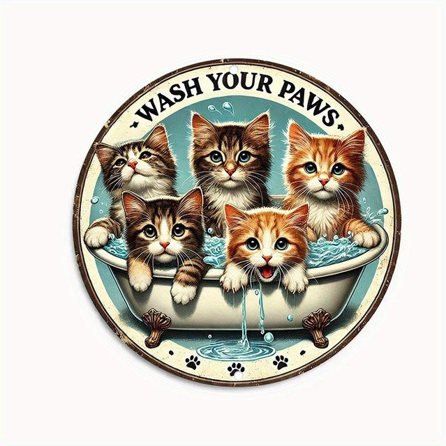 Potdemiel Vintage-Wandkunst aus Metall Wash Your Paws mit Kätzchen Illustration, Mehrfarbig, Durchmesser: 20,32 cm - Bild 1