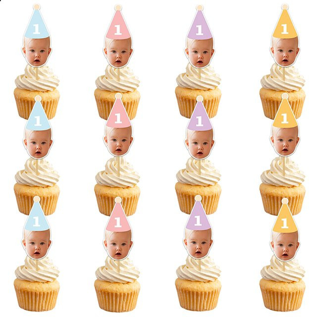 Joy-enlife Individuelle Kuchenaufsätze mit Gesichtsfoto und Altersnummern sowie Geburtstagshut-Muster in Multicolour, 6 oder 12 Stück für deine Kindergeburtstagsparty - Bild 1
