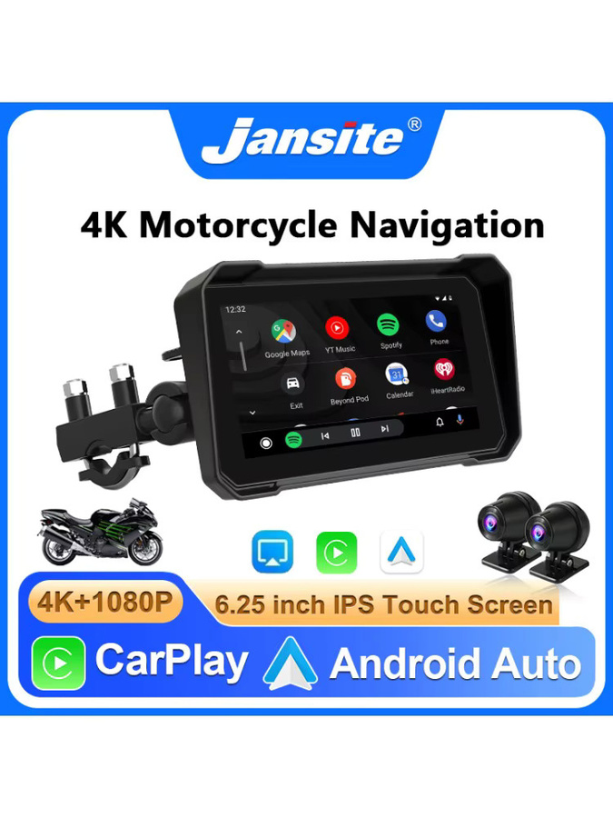 Jansite Tragbares 6,25 Zoll Motorrad-GPS-Navigationsgerät mit kabellosem CarPlay und Android Auto, Moto-Monitor mit DVR-Funktion, IPX7 wasserdicht, unterstützt 4K+1080P, Schwarz - Bild 6