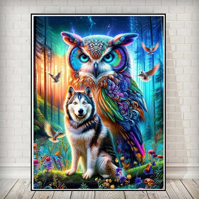 Potdemiel 5D Diamantmalerei DIY Fantasy-Tier Eule und Wolf Mosaik Set mit Vollrund-Bohrer in Multicolour für Erwachsene zur Heimdekoration - Bild 1