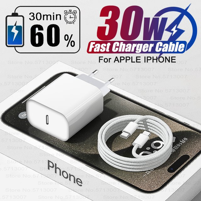 Apple 30W PD Schnellladegerät mit Ladekabel in Weiß für iPhone 16 15 14 13 12 11 Pro Max Plus - Bild 1