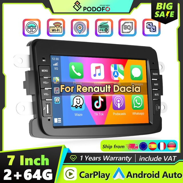 Podofo 2Din Android Autoradio mit Carplay, Android Auto, Mirror Link, GPS und WIFI in Schwarz für Renault Dacia Duster und Captur - Bild 1
