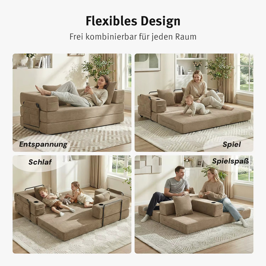 WELAX Cloud Futon Schlafsofa aus Cord mit Getränkehaltern und Aufbewahrungstaschen, Queen Size Klappbares Bodensofa für Wohnzimmer und Schlafzimmer, B/T/H: 185 x 150 x 200 cm - Bild 2