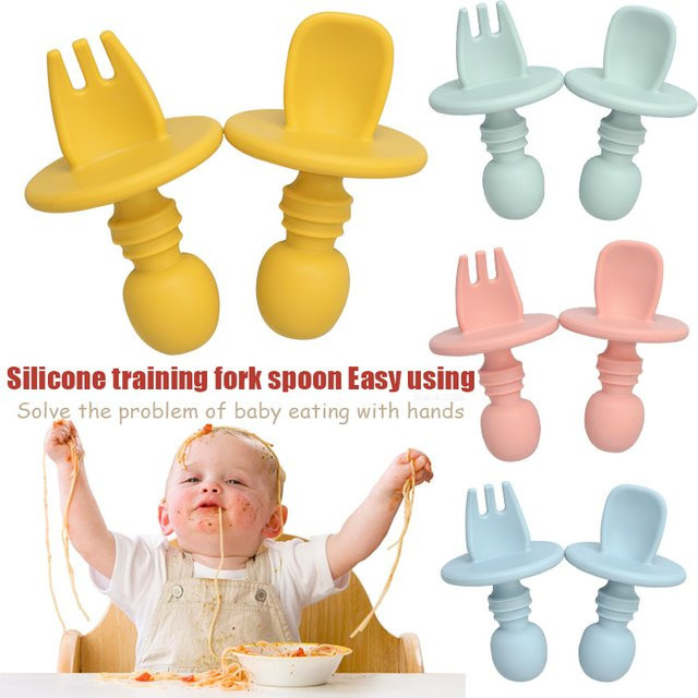 Set aus 2 Stück Silikon Besteck für Babys mit Löffel und Gabel zum Training der Beikostfütterung - Bild 1