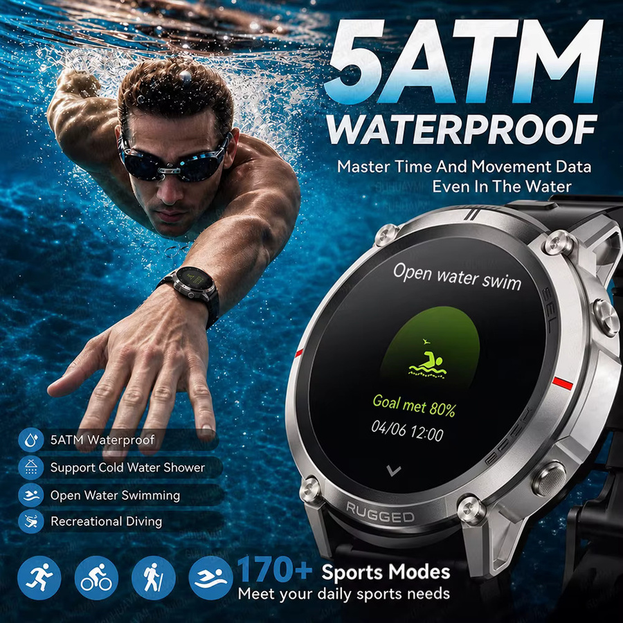 TAVYU Militär-GPS-Smartwatch für Männer mit 1,43 Zoll AMOLED Display, Bluetooth Anruffunktion, Kompass, 5ATM Wasserdicht, 500mAh Akku und 170+ Sportmodi, Schwarz - Bild 3