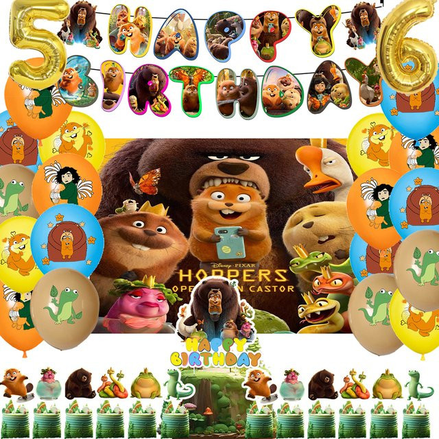Pixar Hoppers Beaver Transformation Plan Party-Dekorationsset mit Actionfiguren, Tortendekoration und Ballon-Banner in Mehrfarbig für Kindergeburtstage - Bild 1