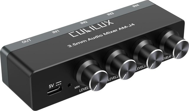 Cubilux Audio 4-Wege Stereo/Mono Mini Mixer mit Rauschunterdrückung und unabhängiger Lautstärkeregelung, 3,5mm Jack und USB-C, Schwarz - Bild 1