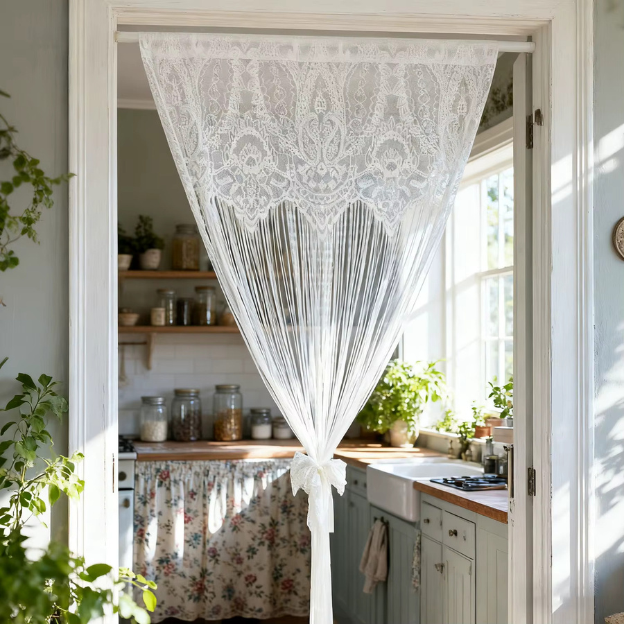 Französischer Vintage-Türvorhang mit Spitze und Quasten in Transparent, Shabby Chic Design mit floralem Muster - Bild 2
