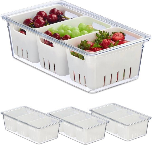 Relaxdays Kühlschrank Organizer 4er Set aus Kunststoff, transparent und weiß, stapelbar, B: 10 cm, T: 32 cm, H: 17,5 cm - Bild 1
