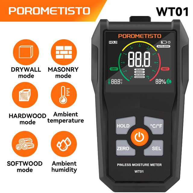 POROMETISTO WT01 Pinless Digital Holzfeuchtemessgerät Induktiver Feuchtigkeitsmesser für Holz Beton Zement und Ziegel in Schwarz - Bild 1